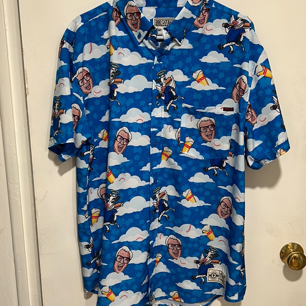 RSVLTS men’s XL Harry Caray HOLY COW short sleeve button down EUC!